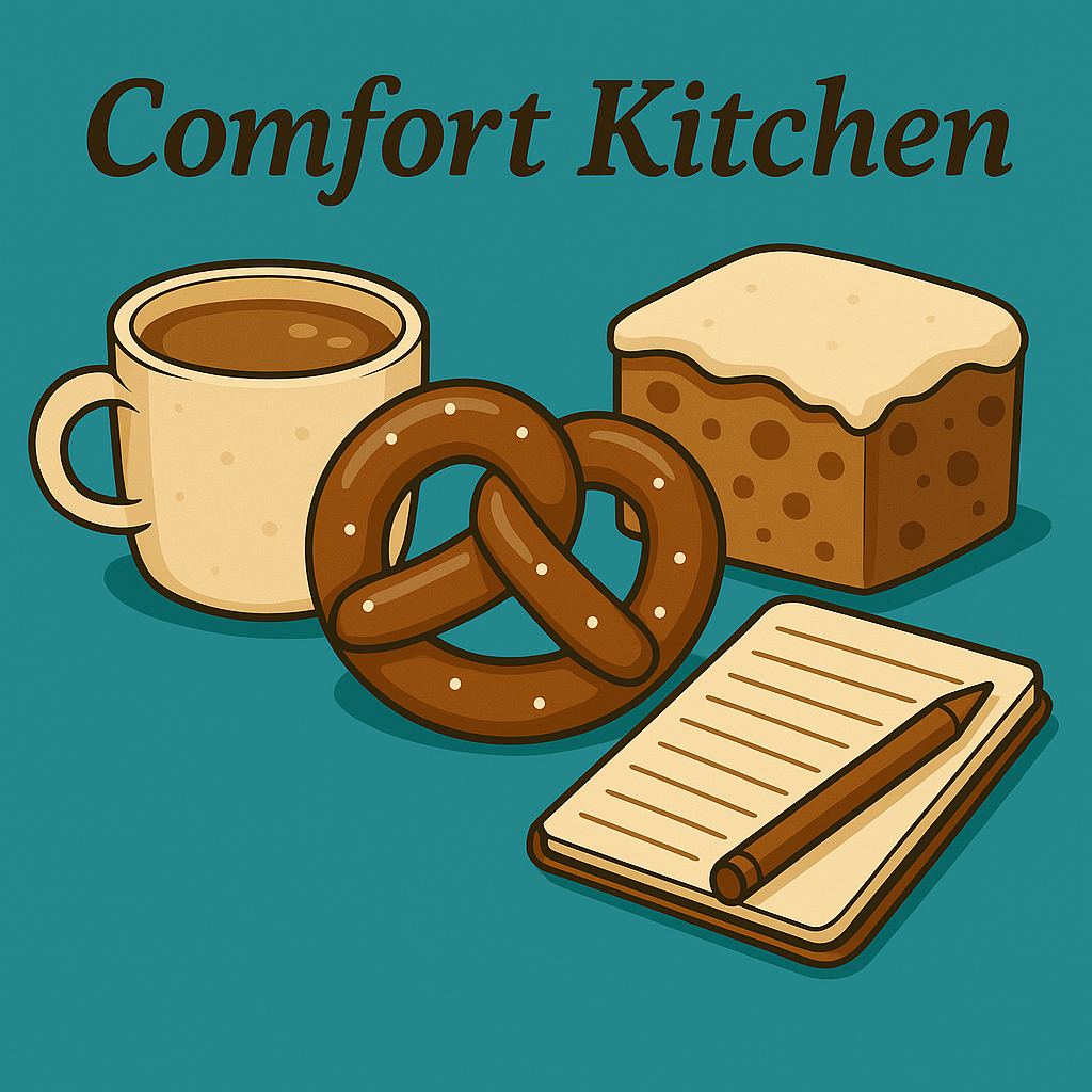 Comfort Kitchen coffee mug, pretzel, stolen and note pad