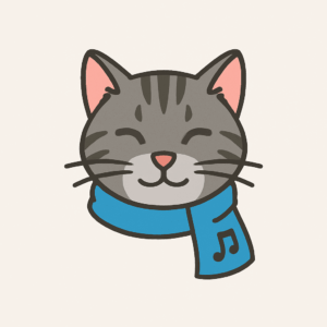 A cheerful grey tabby cat head wearing a turquoise scarf with a dark blue musical note