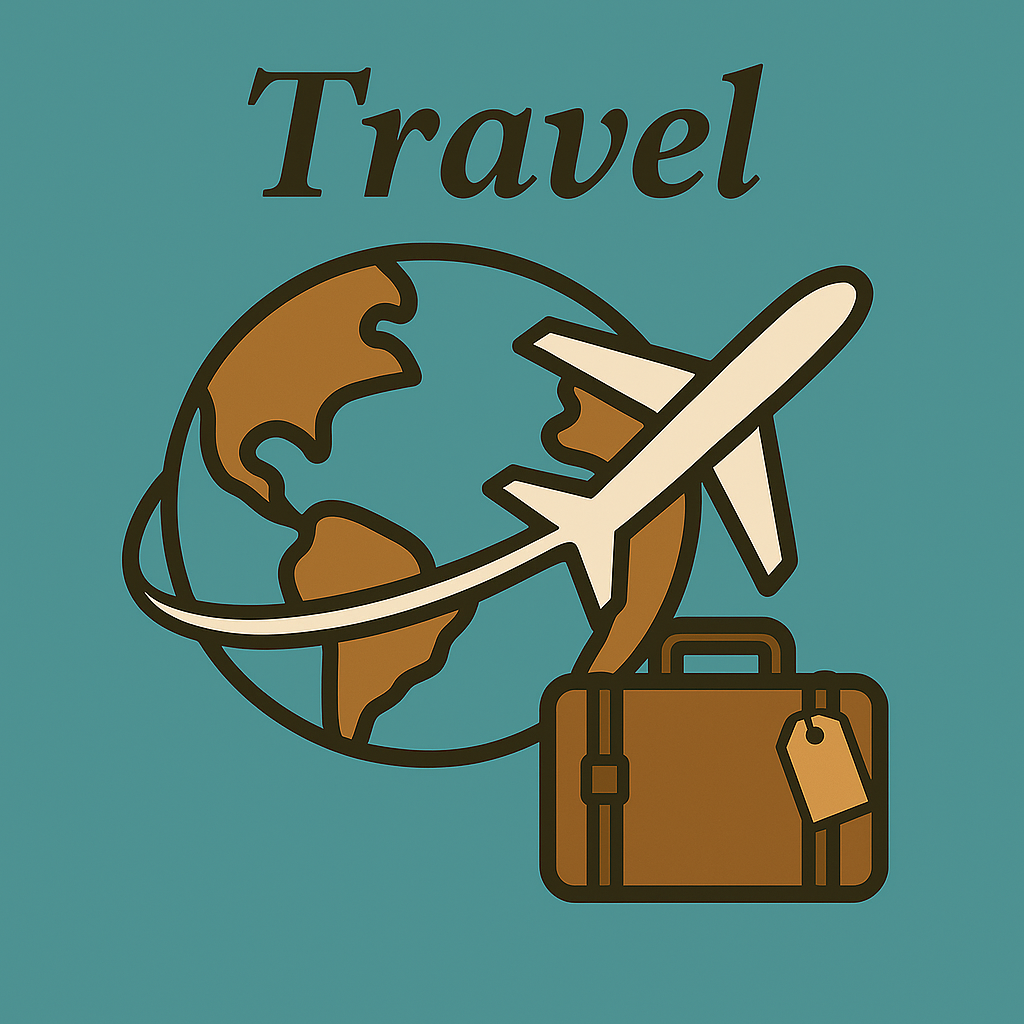 cream colored airplane circling globe with brown suitecase and the word travel